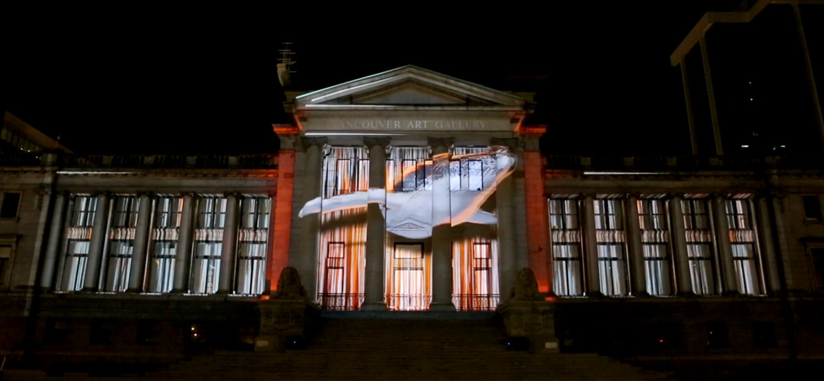 Whale being projection mapped onto Art Gallery
