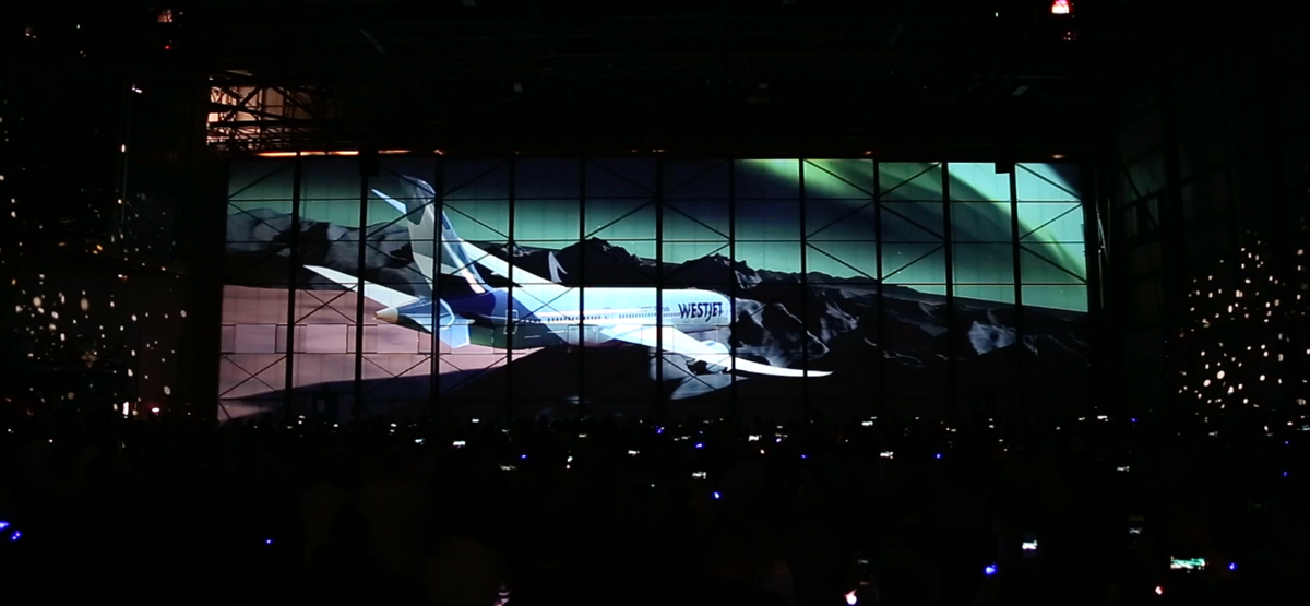 Hangar used as a screen for projection mapping